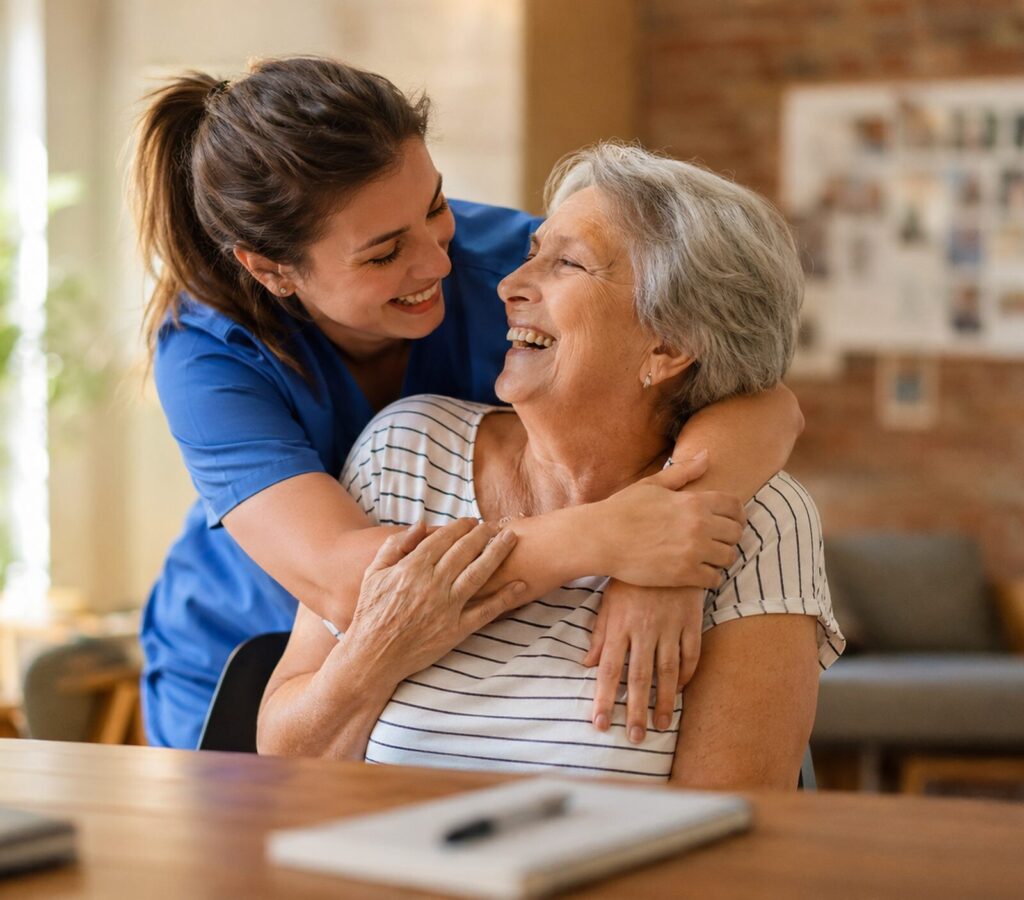 Senior souriante enlacée par une jeune femme dans un espace de vie partagé