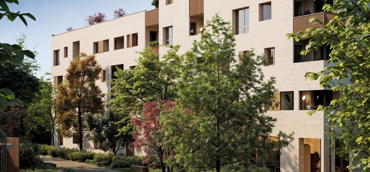 Perspective de la façade et du jardin de The Season, résidence intergénérationnelle à Anglet